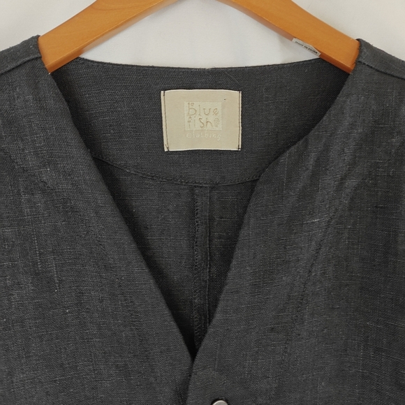 VTG Blue Fish RARE 100% Linen Hand Printed Coral Button Up Black Shirt Size 1 - Picture 7 of 15